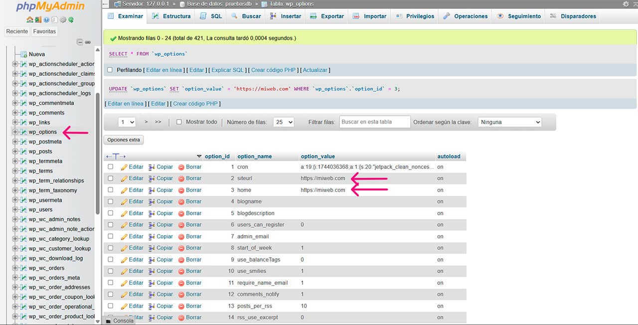 cambiar ulr wordpress phpmyadmin