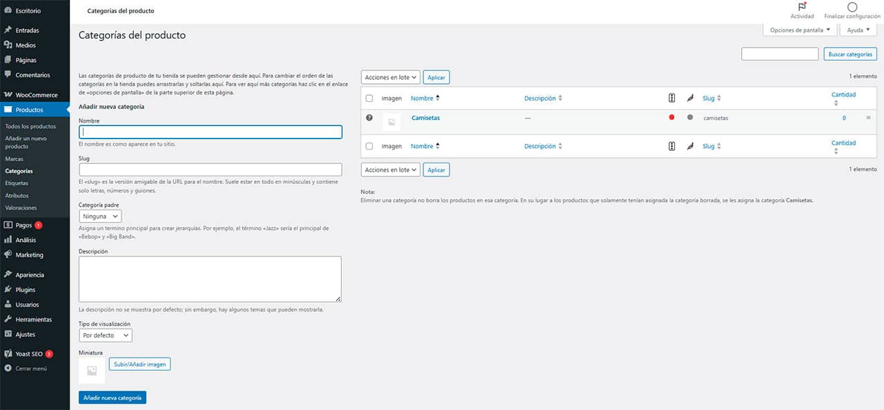 categorías woocommerce