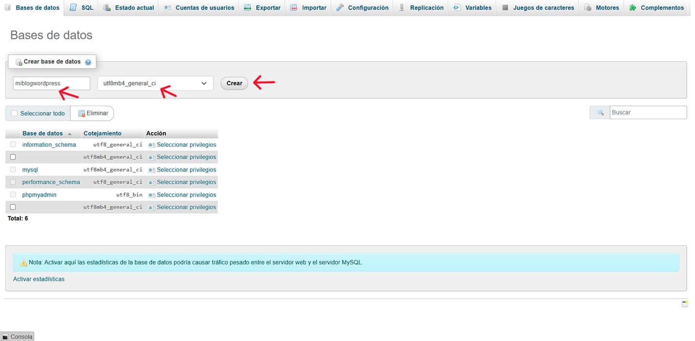 crear base de datos en phpmyadmin