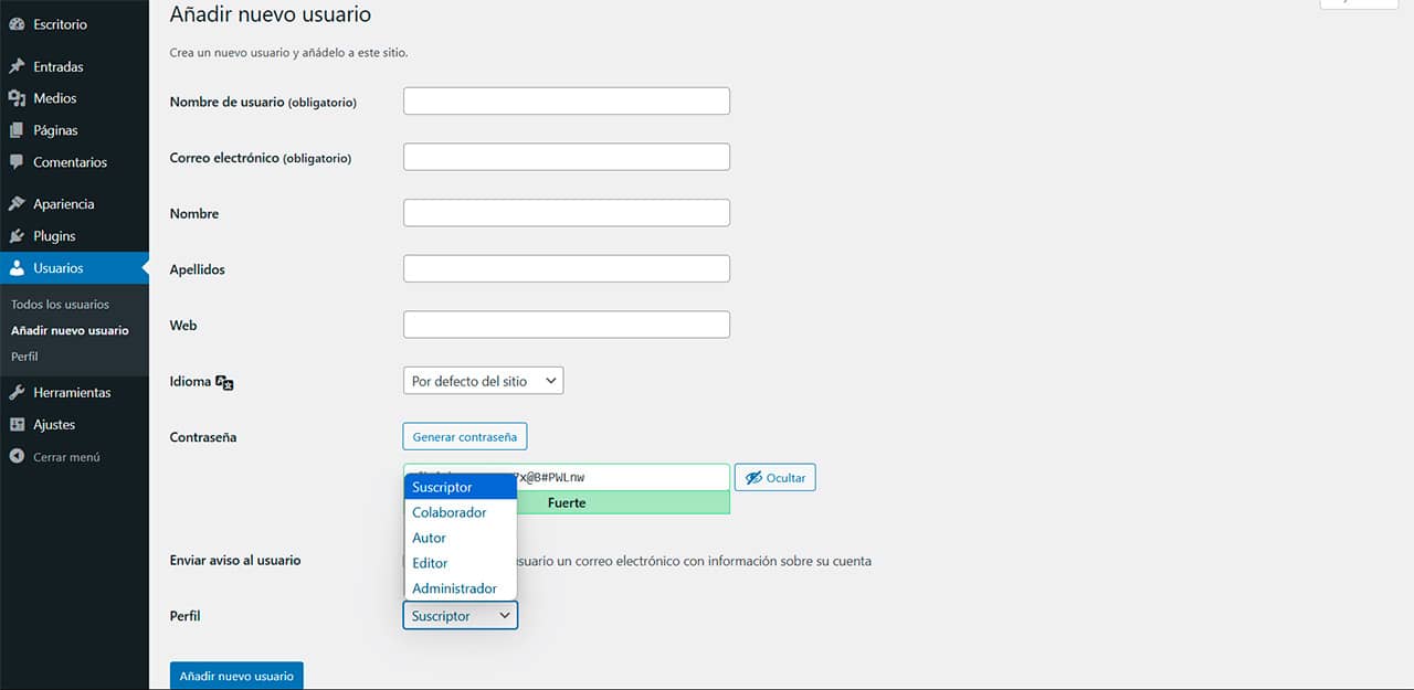 crear nuevo usuario wordpress