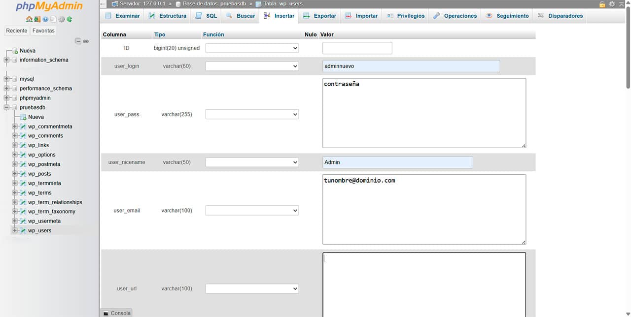 crear nuevo usuario wordpress phpmyadmin