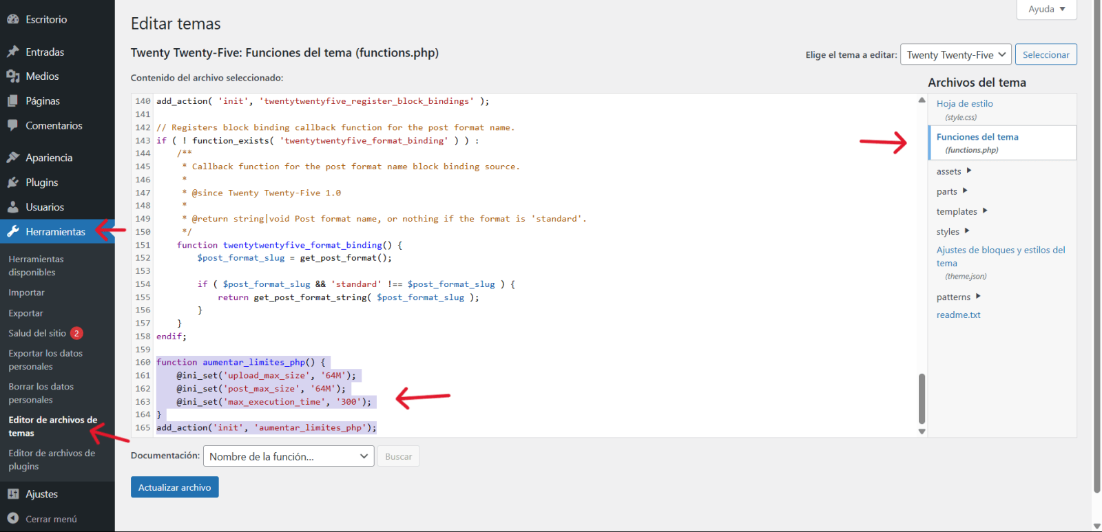 editar functions.php