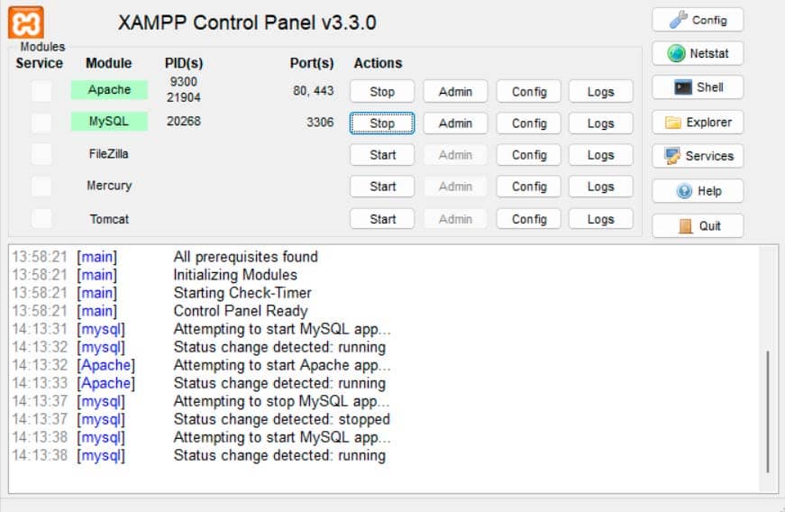 panel de control de Xampp