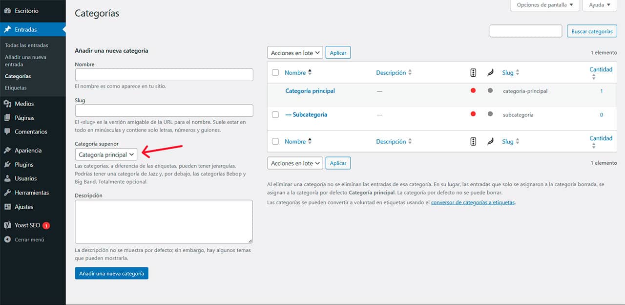 subcategorías wordpress
